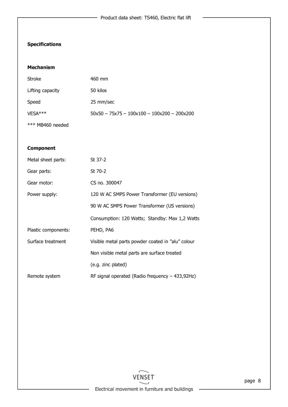 Паспорт продукту TV-ліфт VENSET TS460B (8)